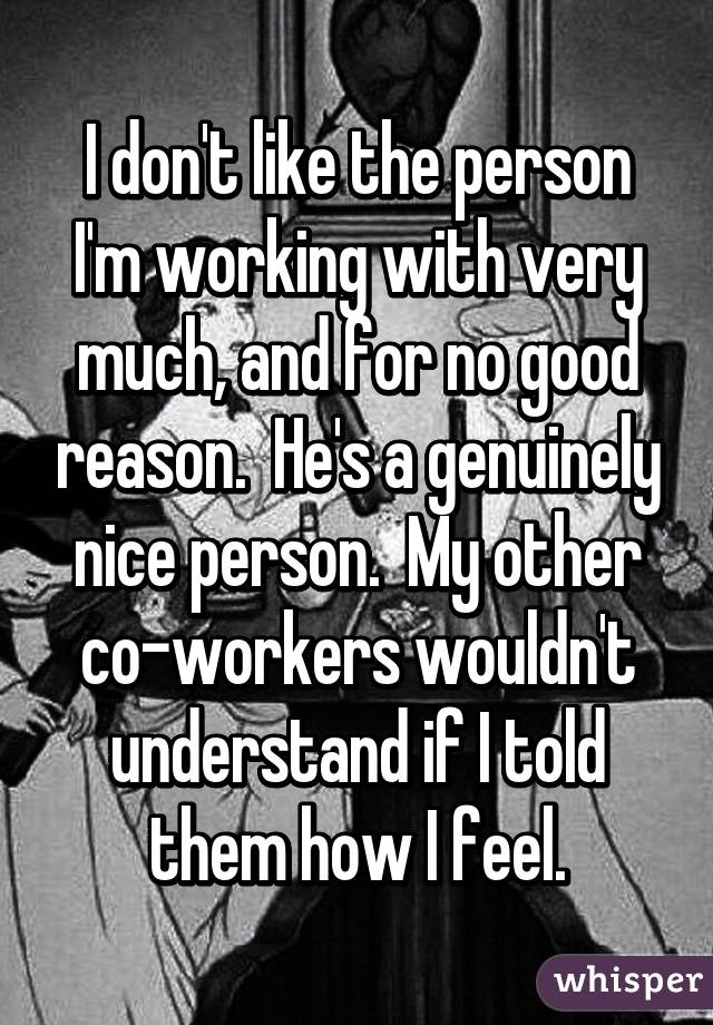 I don't like the person I'm working with very much, and for no good reason.  He's a genuinely nice person.  My other co-workers wouldn't understand if I told them how I feel.