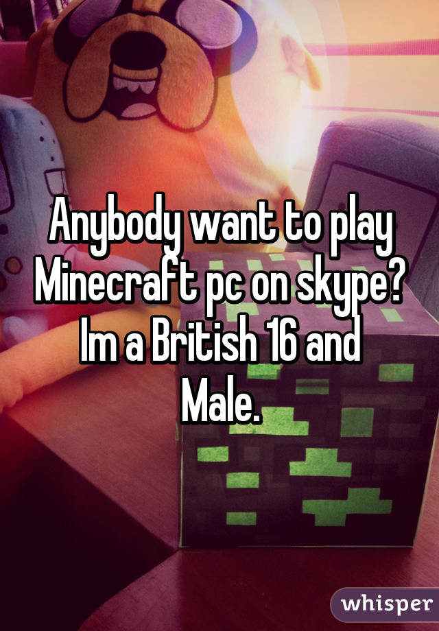 Anybody want to play Minecraft pc on skype?
Im a British 16 and Male.