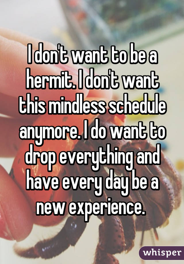 I don't want to be a hermit. I don't want this mindless schedule anymore. I do want to drop everything and have every day be a new experience. 