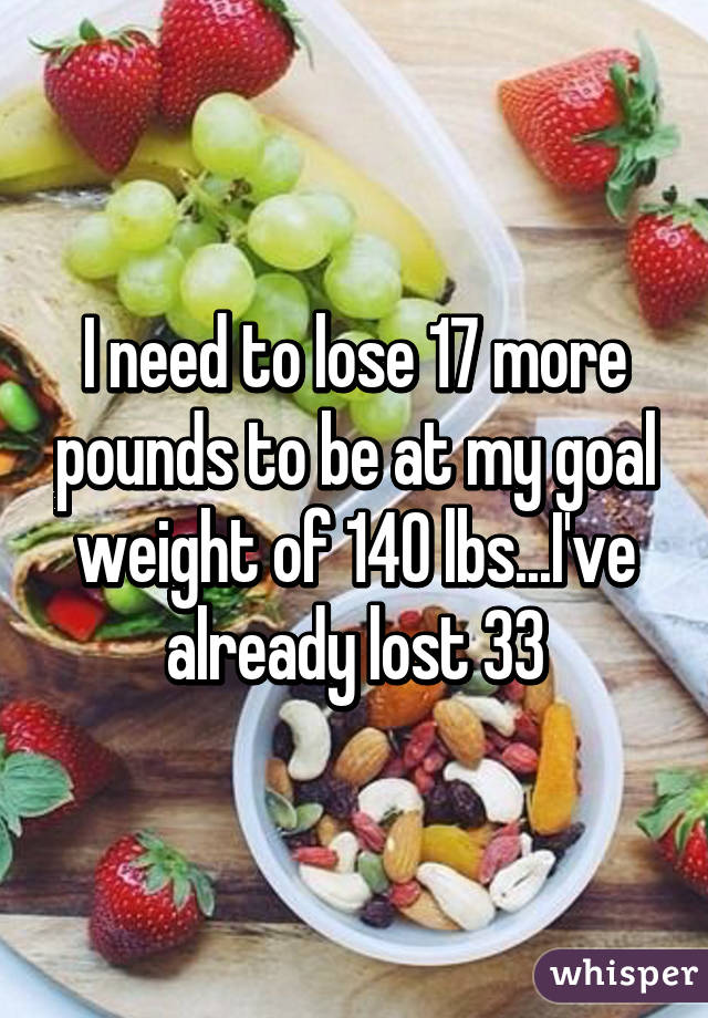 I need to lose 17 more pounds to be at my goal weight of 140 lbs...I've already lost 33