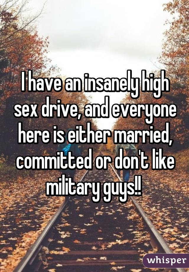 I have an insanely high sex drive, and everyone here is either married, committed or don't like military guys!! 