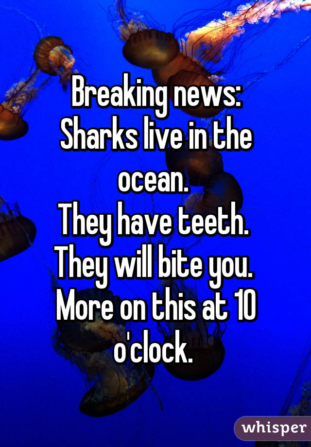 Breaking news:
Sharks live in the ocean. 
They have teeth. 
They will bite you. 
More on this at 10 o'clock. 