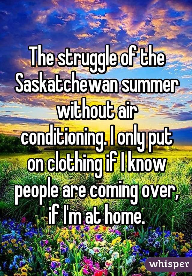 The struggle of the Saskatchewan summer without air conditioning. I only put on clothing if I know people are coming over, if I'm at home.