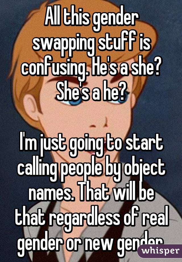 All this gender swapping stuff is confusing. He's a she? She's a he?

I'm just going to start calling people by object names. That will be that regardless of real gender or new gender.