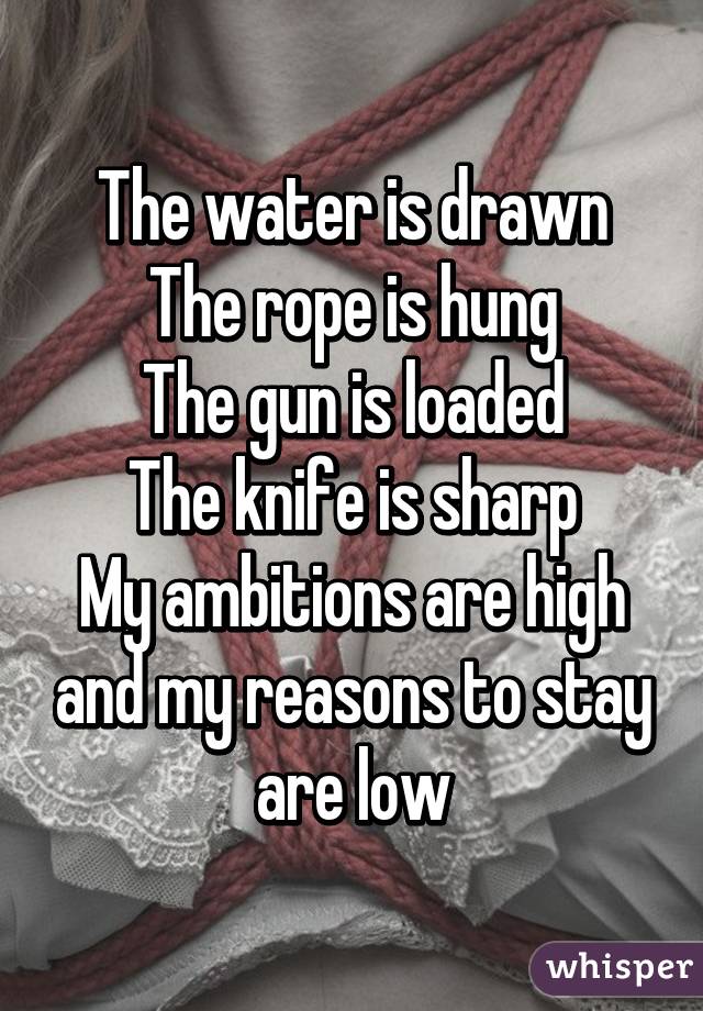 The water is drawn
The rope is hung
The gun is loaded
The knife is sharp
My ambitions are high and my reasons to stay are low