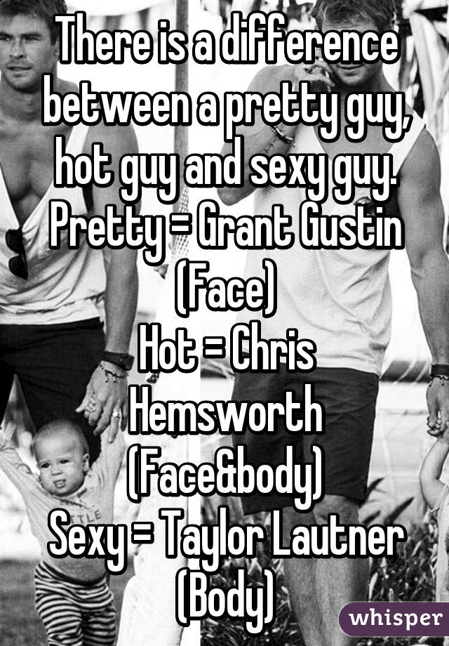 There is a difference between a pretty guy, hot guy and sexy guy.
Pretty = Grant Gustin (Face)
Hot = Chris Hemsworth (Face&body)
Sexy = Taylor Lautner (Body)