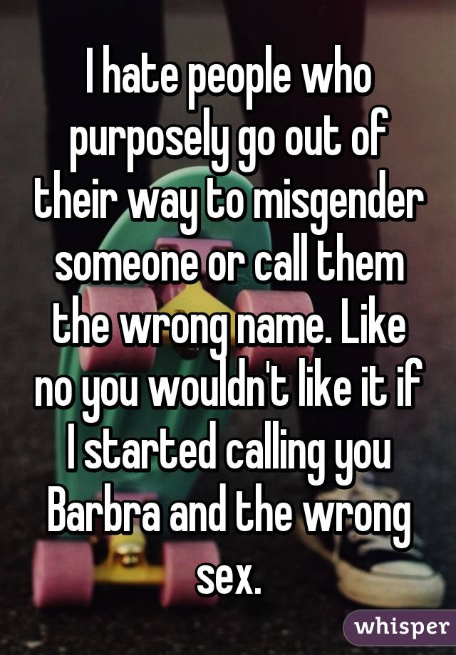 I hate people who purposely go out of their way to misgender someone or call them the wrong name. Like no you wouldn't like it if I started calling you Barbra and the wrong sex.