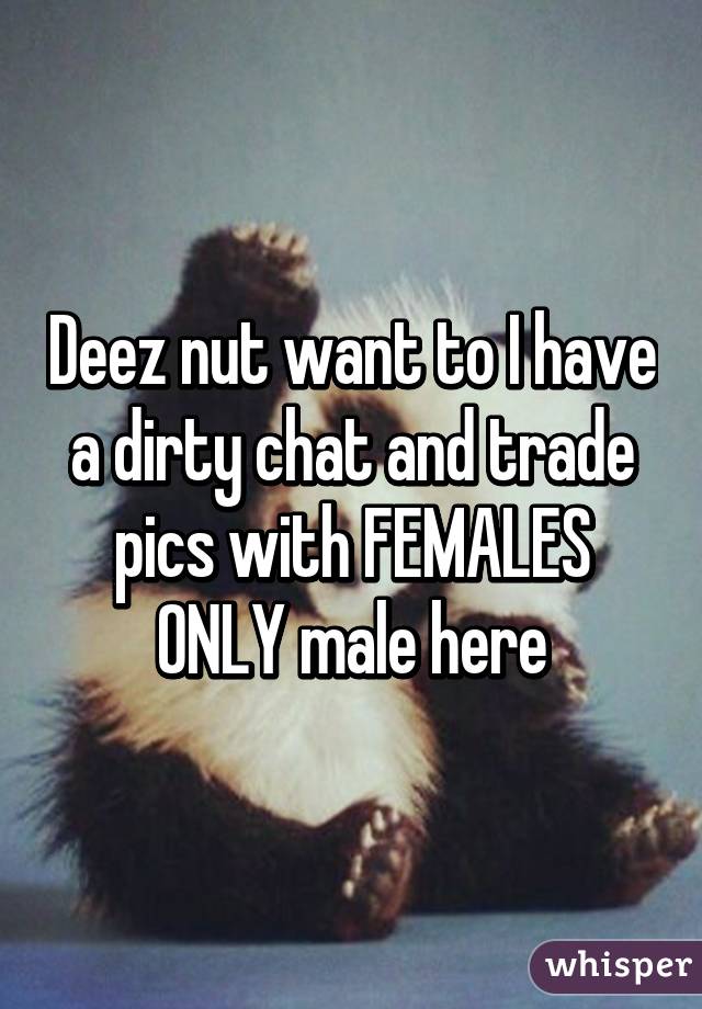 Deez nut want to I have a dirty chat and trade pics with FEMALES ONLY male here