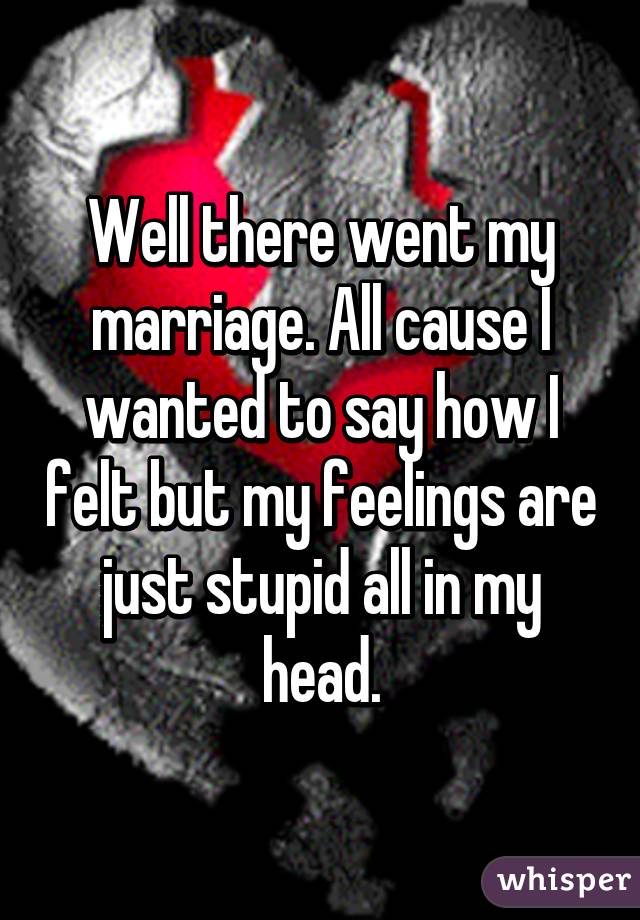 Well there went my marriage. All cause I wanted to say how I felt but my feelings are just stupid all in my head.