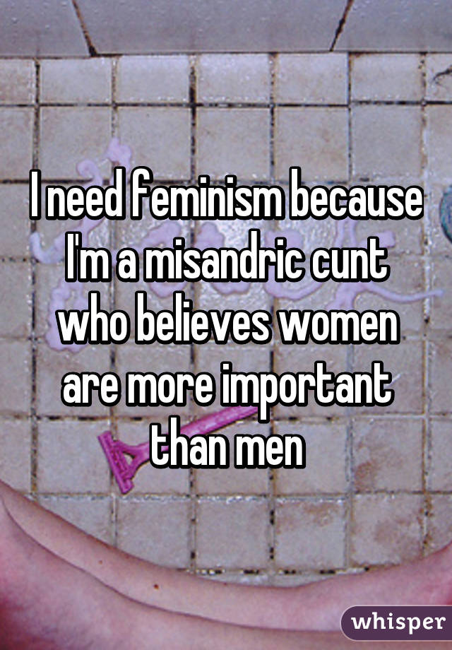 I need feminism because I'm a misandric cunt who believes women are more important than men