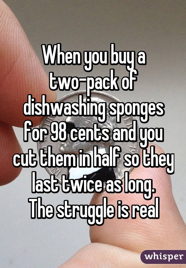 When you buy a two-pack of dishwashing sponges for 98 cents and you cut them in half so they last twice as long.
The struggle is real