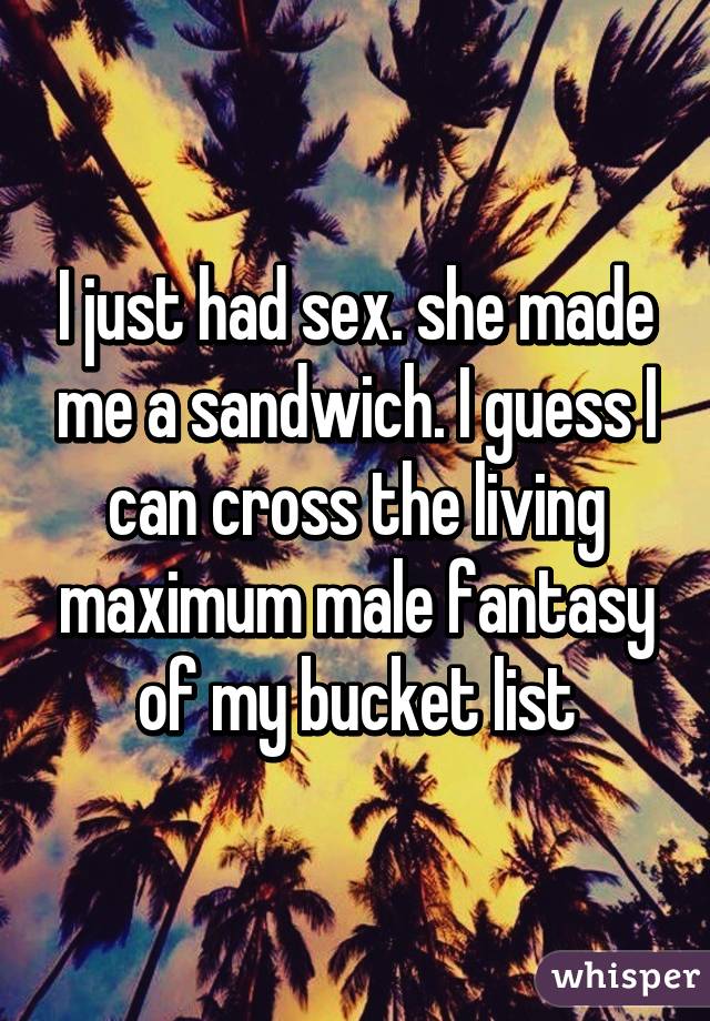 I just had sex. she made me a sandwich. I guess I can cross the living maximum male fantasy of my bucket list