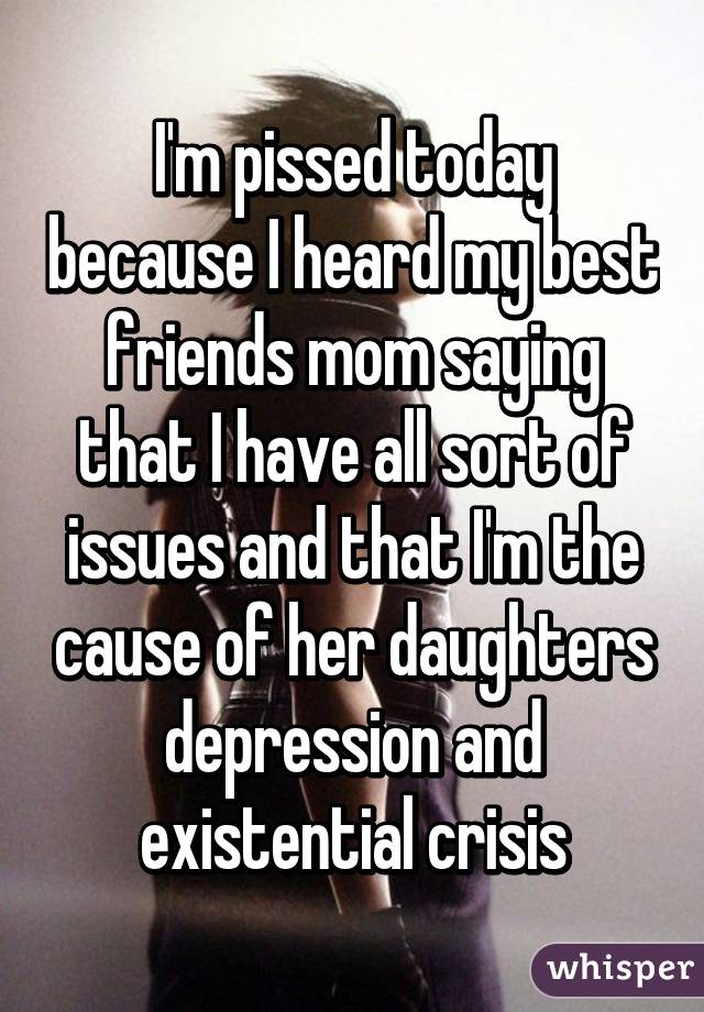 I'm pissed today because I heard my best friends mom saying that I have all sort of issues and that I'm the cause of her daughters depression and existential crisis