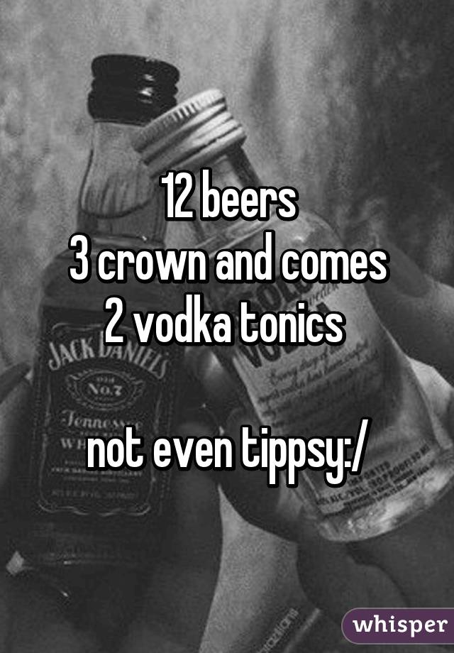 12 beers
3 crown and comes
2 vodka tonics 

not even tippsy:/