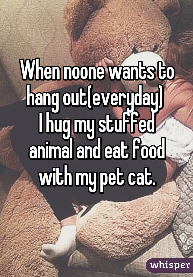 When noone wants to hang out(everyday) 
I hug my stuffed animal and eat food with my pet cat.
