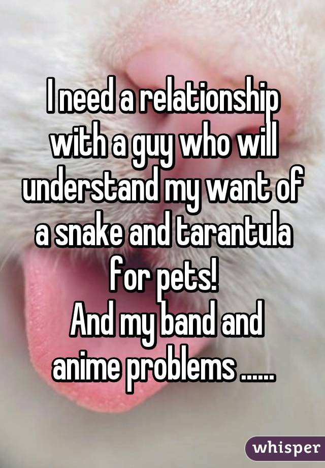 I need a relationship with a guy who will understand my want of a snake and tarantula for pets!
 And my band and anime problems ......