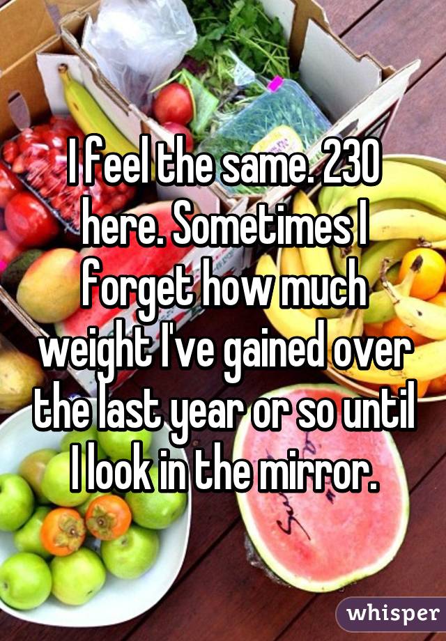 I feel the same. 230 here. Sometimes I forget how much weight I've gained over the last year or so until I look in the mirror.