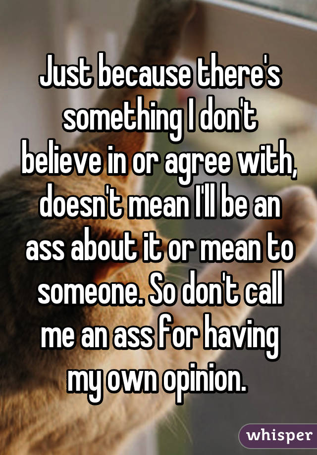 Just because there's something I don't believe in or agree with, doesn't mean I'll be an ass about it or mean to someone. So don't call me an ass for having my own opinion. 