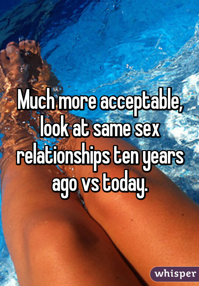 Much more acceptable, look at same sex relationships ten years ago vs today.