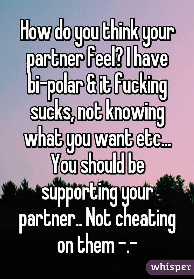 How do you think your partner feel? I have bi-polar & it fucking sucks, not knowing what you want etc... You should be supporting your partner.. Not cheating on them -.-