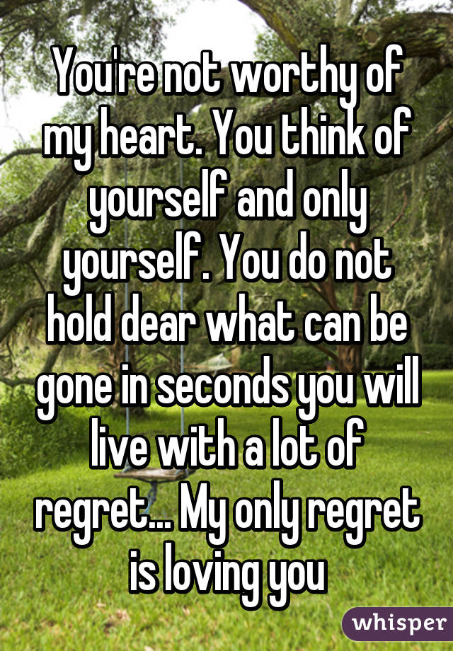 You're not worthy of my heart. You think of yourself and only yourself. You do not hold dear what can be gone in seconds you will live with a lot of regret... My only regret is loving you