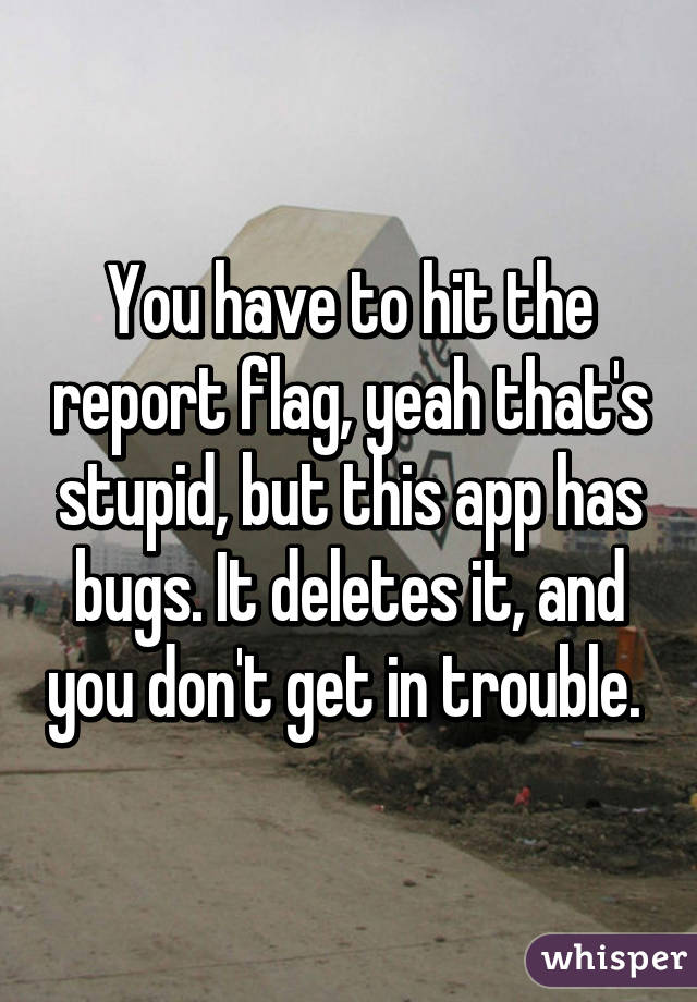 You have to hit the report flag, yeah that's stupid, but this app has bugs. It deletes it, and you don't get in trouble. 