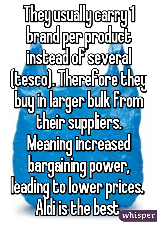 They usually carry 1 brand per product instead of several (tesco). Therefore they buy in larger bulk from their suppliers.
Meaning increased bargaining power, leading to lower prices. 
Aldi is the best.