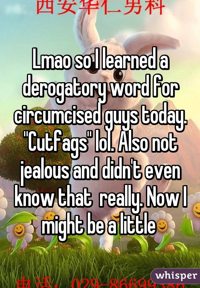 Lmao so I learned a derogatory word for circumcised guys today. "Cutfags" lol. Also not jealous and didn't even know that  really. Now I might be a little 