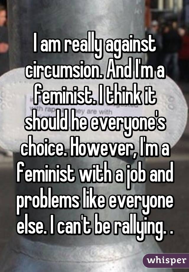 I am really against circumsion. And I'm a feminist. I think it should he everyone's choice. However, I'm a feminist with a job and problems like everyone else. I can't be rallying. .