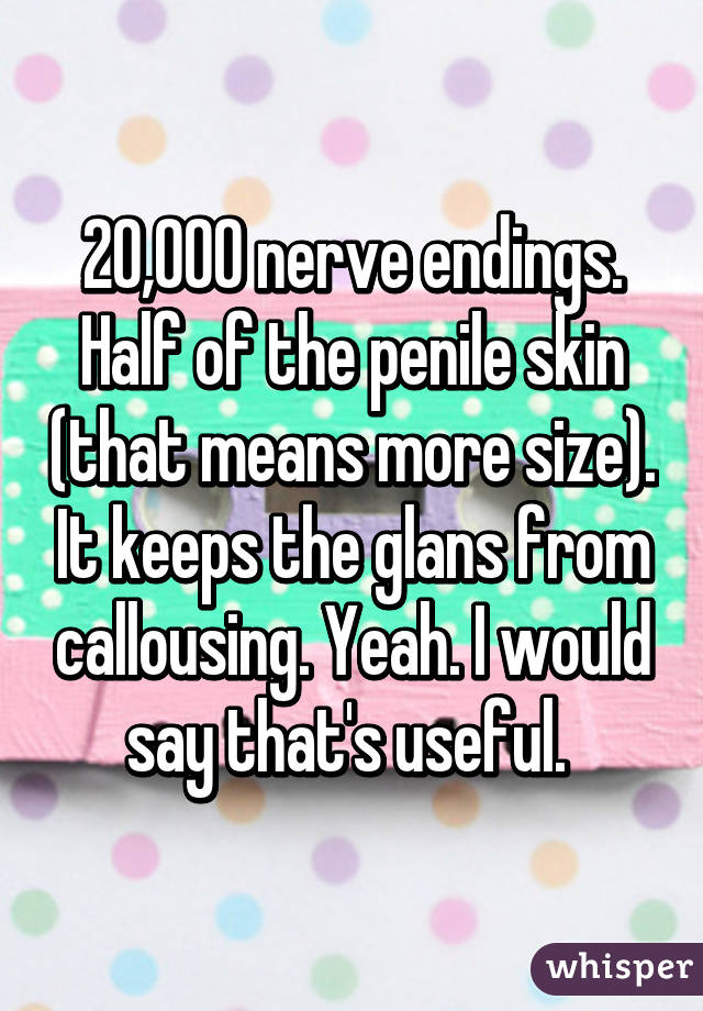 20,000 nerve endings. Half of the penile skin (that means more size). It keeps the glans from callousing. Yeah. I would say that's useful. 