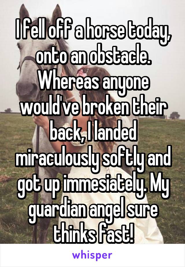 I fell off a horse today, onto an obstacle. Whereas anyone would've broken their back, I landed miraculously softly and got up immesiately. My guardian angel sure thinks fast!