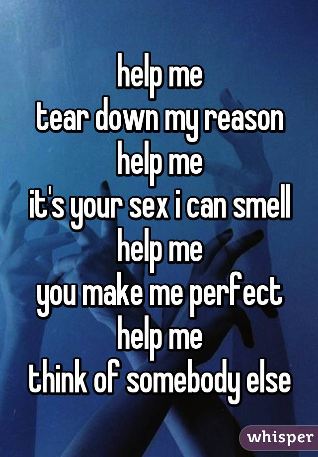 help me
tear down my reason
help me
it's your sex i can smell
help me
you make me perfect
help me
think of somebody else