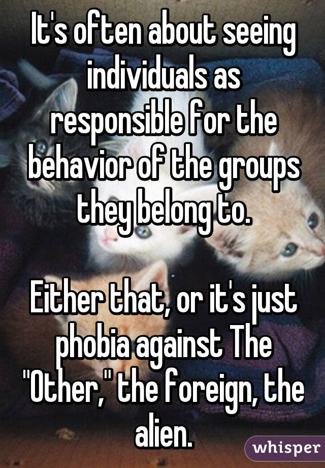 It's often about seeing individuals as responsible for the behavior of the groups they belong to.

Either that, or it's just phobia against The "Other," the foreign, the alien.