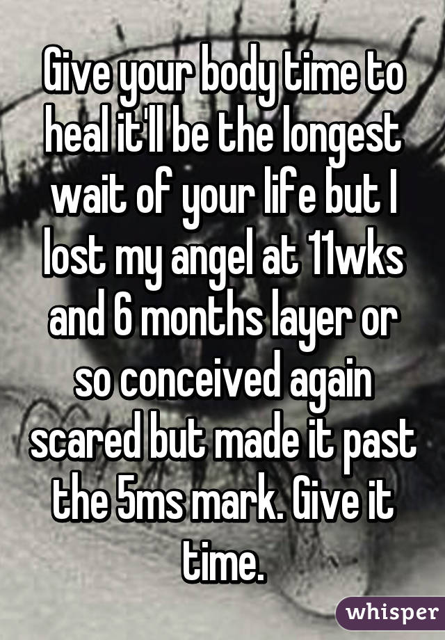 Give your body time to heal it'll be the longest wait of your life but I lost my angel at 11wks and 6 months layer or so conceived again scared but made it past the 5ms mark. Give it time.