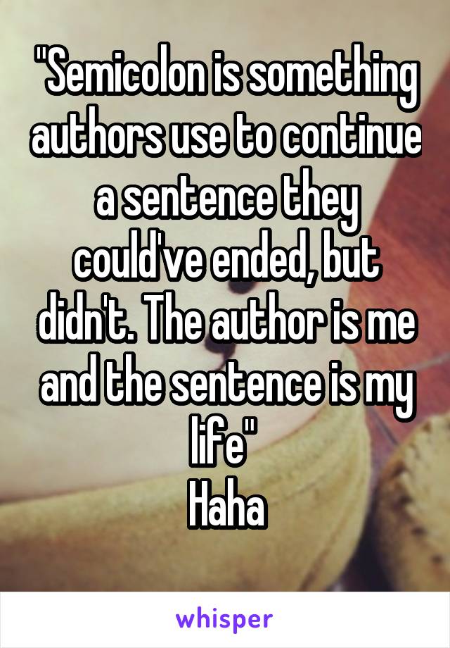 "Semicolon is something authors use to continue a sentence they could've ended, but didn't. The author is me and the sentence is my life" 
Haha
