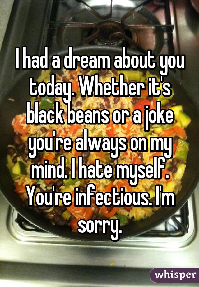 I had a dream about you today. Whether it's black beans or a joke you're always on my mind. I hate myself. You're infectious. I'm sorry.