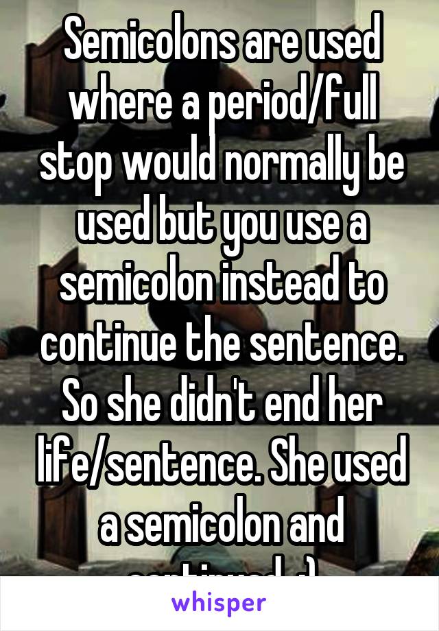 Semicolons are used where a period/full stop would normally be used but you use a semicolon instead to continue the sentence. So she didn't end her life/sentence. She used a semicolon and continued. :)
