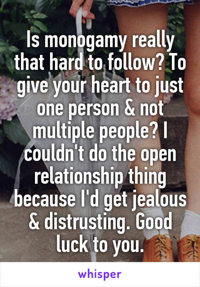 Is monogamy really that hard to follow? To give your heart to just one person & not multiple people? I couldn't do the open relationship thing because I'd get jealous & distrusting. Good luck to you.