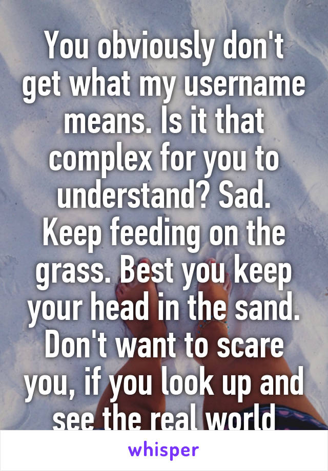 You obviously don't get what my username means. Is it that complex for you to understand? Sad.
Keep feeding on the grass. Best you keep your head in the sand. Don't want to scare you, if you look up and see the real world