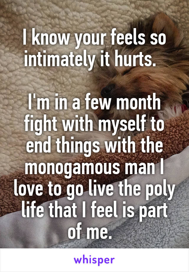I know your feels so intimately it hurts.  

I'm in a few month fight with myself to end things with the monogamous man I love to go live the poly life that I feel is part of me.  