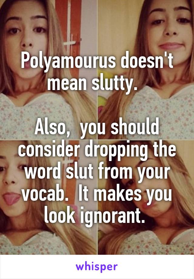 Polyamourus doesn't mean slutty.  

Also,  you should consider dropping the word slut from your vocab.  It makes you look ignorant. 