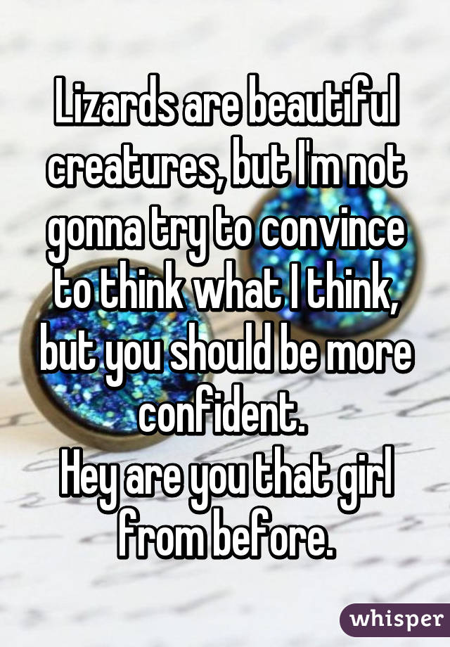 Lizards are beautiful creatures, but I'm not gonna try to convince to think what I think, but you should be more confident. 
Hey are you that girl from before.