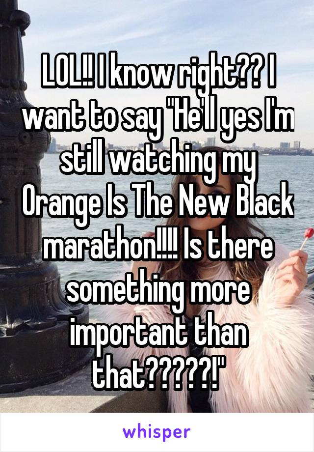 LOL!! I know right?? I want to say "He'll yes I'm still watching my Orange Is The New Black marathon!!!! Is there something more important than that?????!"