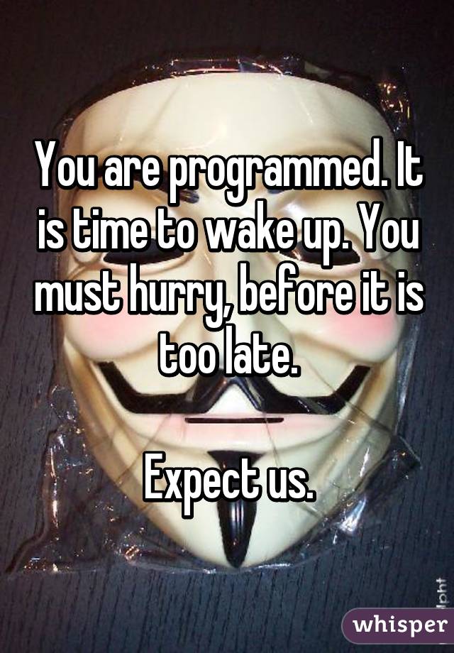 You are programmed. It is time to wake up. You must hurry, before it is too late.

Expect us.