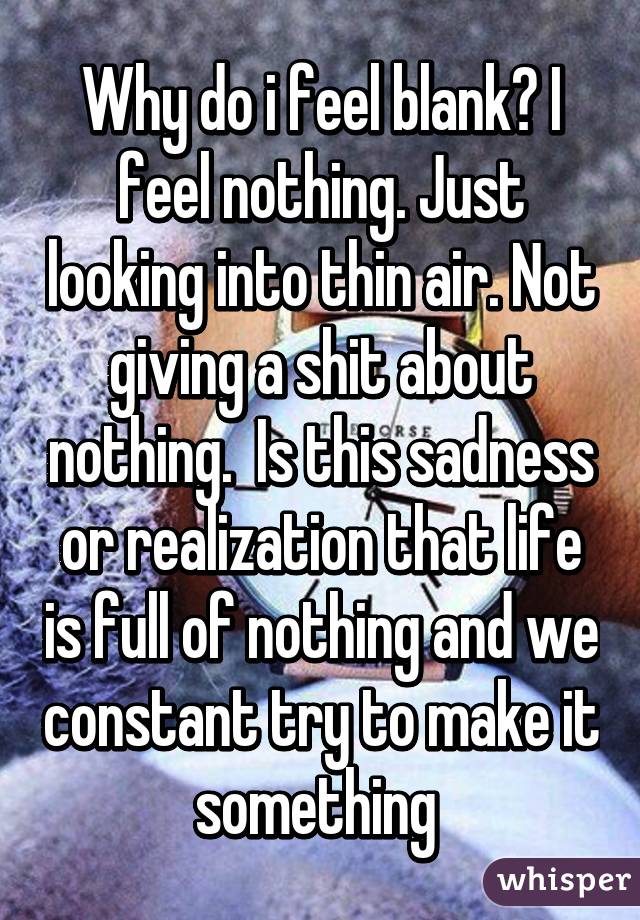 Why do i feel blank? I feel nothing. Just looking into thin air. Not giving a shit about nothing.  Is this sadness or realization that life is full of nothing and we constant try to make it something 