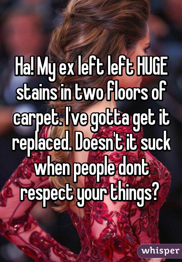 Ha! My ex left left HUGE stains in two floors of carpet. I've gotta get it replaced. Doesn't it suck when people dont respect your things? 