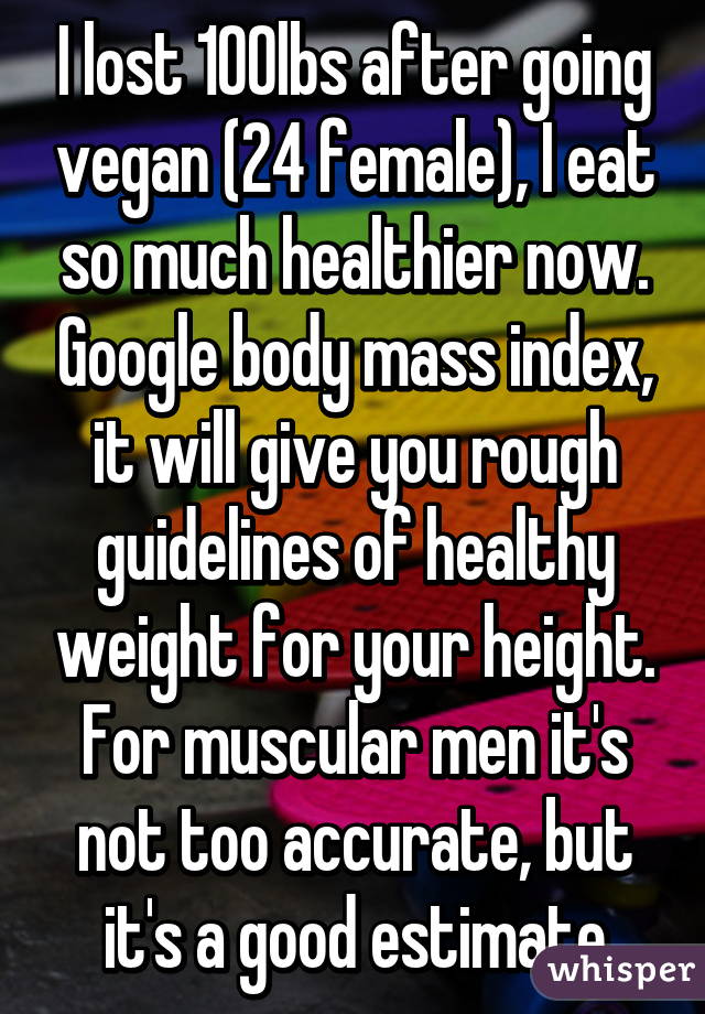 I lost 100lbs after going vegan (24 female), I eat so much healthier now. Google body mass index, it will give you rough guidelines of healthy weight for your height. For muscular men it's not too accurate, but it's a good estimate