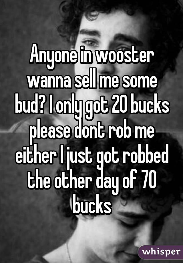 Anyone in wooster wanna sell me some bud? I only got 20 bucks please dont rob me either I just got robbed the other day of 70 bucks