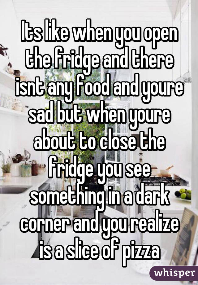 Its like when you open the fridge and there isnt any food and youre sad but when youre about to close the fridge you see something in a dark corner and you realize is a slice of pizza