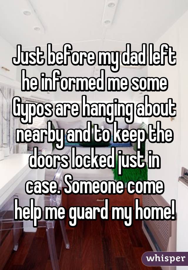 Just before my dad left he informed me some Gypos are hanging about nearby and to keep the doors locked just in case. Someone come help me guard my home!